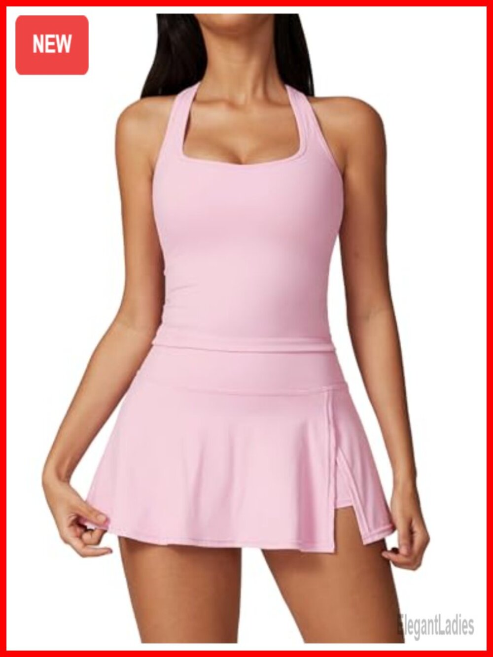 2 Piece Tennis Dress Set Racerback Crop Top Side Slit Skort Built-in Shorts